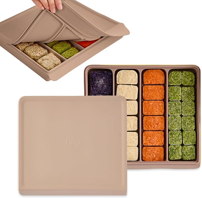 Silicone Baby Food Freezer Tray with Lid Korea - 26oz Stackable Meal Prep Containers for Baby Puree, Homemade Food & Snacks - 4 Compartment Airtight, BPA Free, Microwave Dishwasher Safe - Brown