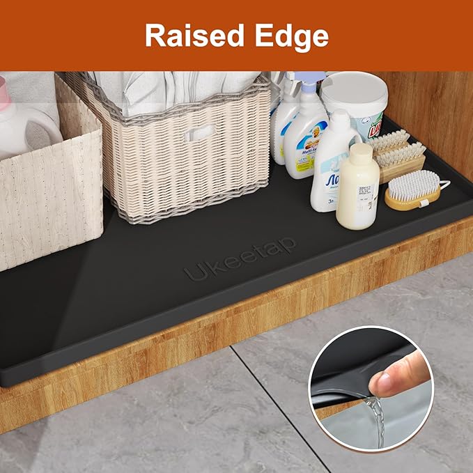 ukeetap Extra Thick Silicone Mat Waterproof with Raised Edge 34" x 22", Under Sink Mat for Kitchen & Bathroom, Kitchen Cabinet Liner, Multi-Purpose for Storage & Protection, Black