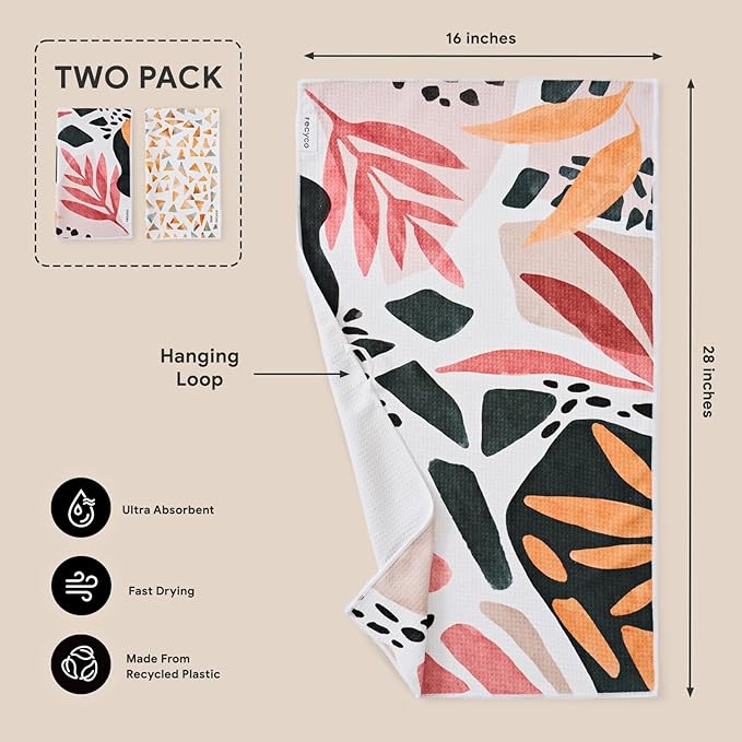 RECYCO Waffle Kitchen Towel Set of 2 - Quick Dry Microfiber Sustainable Dish Towels - Ultra Absorbent Reusable Cleaning Tea Towels - Lightweight Hand Towels,16”x 28”, Boho Oasis
