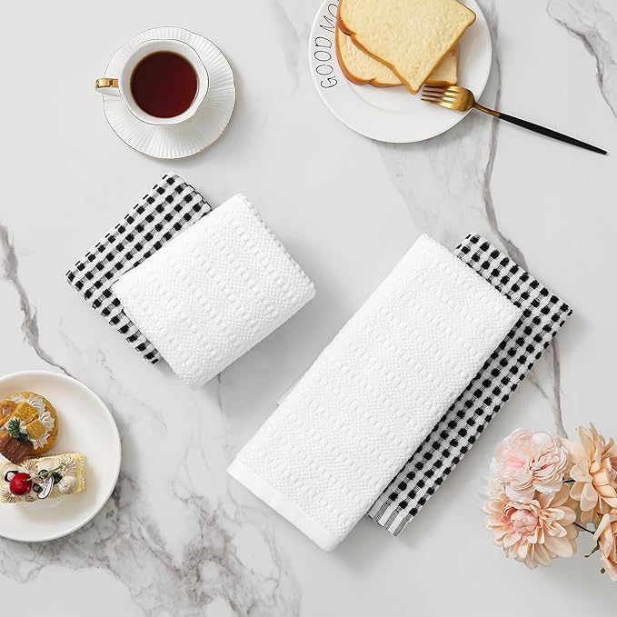 SALAS Cotton Dish Towels Cloths for Kitchen Drying Dishes, Lattice Terry Kitchen Towels, Highly Absorbent Cloths with Hanging Loop, 16‘’ x 26‘’, 4 Packs, Black and White