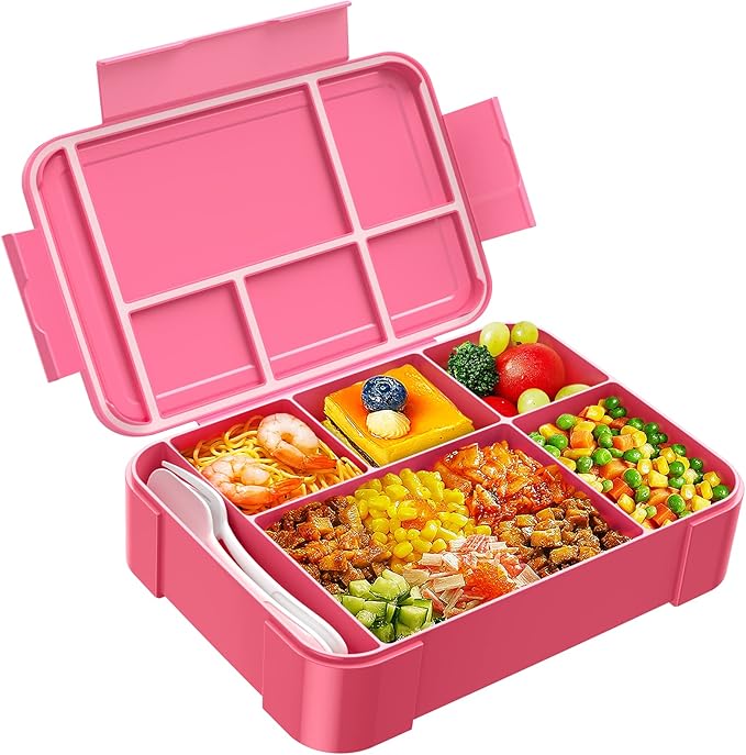 Jelife Kids Bento Box Lunch Box - 1450ml Leakproof 6 Compartments Bento Lunchbox Kids Lunch Boxes with Food Utensils for Back to School, Book-Style Lunch Snack Containers for Toddler Daycare, Pink