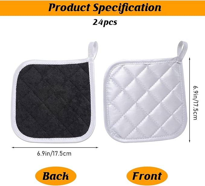 24 Pcs Cotton Pot Holders for Kitchen Heat Resistant, 7 x 7 Inch Pot Holders Bulk with Hanging Loops Square Potholders Oven Hot Pads for Kitchen Cooking Baking (Grey & Black)