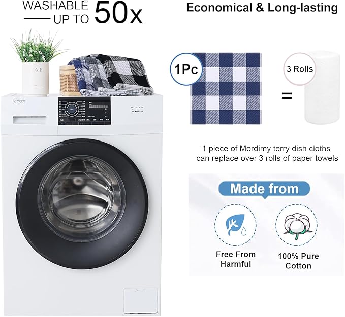 Mordimy 100% Cotton Waffle Weave Plaid Dish Cloths, 12 x 12 Inches, Super Soft and Absorbent Quick Drying Buffalo Check Dish Rags for Kitchen, 6-Pack, White & Navy Blue