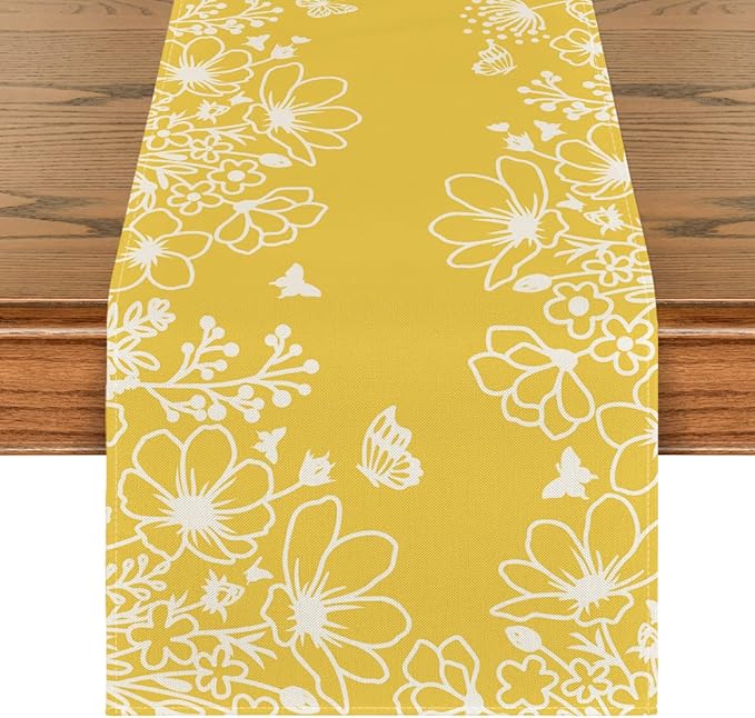 Artoid Mode Yellow Bloom Flowers Butterfly Spring Table Runner, Seasonal Holiday Kitchen Dining Table Decoration for Home Party Indoor 13x120 Inch