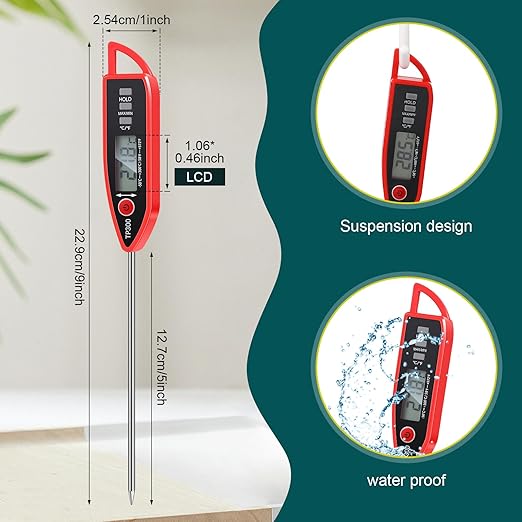 Copkim Instant Read Meat Thermometer with Long Probe 9.65 Inch Kitchen Cooking Food Candy Waterproof Digital Thermometer for BBQ Water Milk Yogurt Liquid(Pointed,Red)