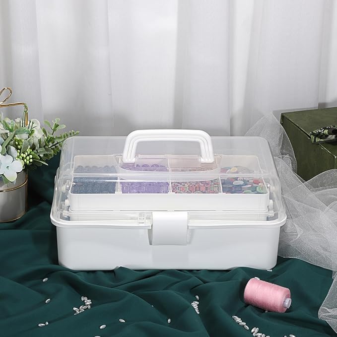 BTSKY 3-Layer Plastic Dividing Storage Box Craft Organizer with Adjustable Spacers Portable Handled Art Supply Organizer Multipurpose Home Utility Box for Medicine Box Sewing Box (Beige White)