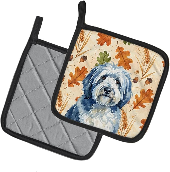 Caroline's Treasures Blue and White Old English Sheepdog Heirloom Fall Pair of Pot Holders Pair 7.5x7.5 Quilted Insulated Hot Pads Decorative Kitchen Gift Made in USA