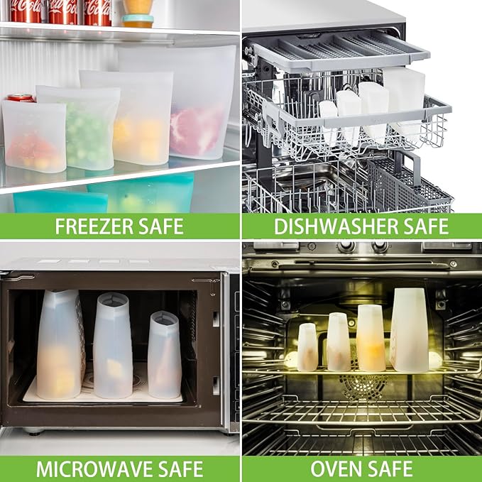 100% Silicone Reusable Storage Bag, 16 Pack Stand-Up Wide-Mouth Zip-Lock Food Storage Bags, Easy-Fill Easy-Open Easy-Clean Space-Saving, Microwave & Dishwasher Safe, 2 XL/4 L/4 M/4 S/2 XS, Translucent
