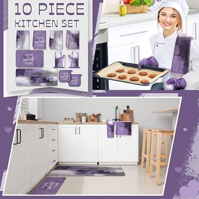 Fourluoo 10 Pcs Grey and Purple Kitchen Decor Purple Oven Mitts and Pot Holders Kit Farmhouse Dish Towels Kitchen Rugs Marble Pattern Oven Gloves for Home Baking Cooking Birthday Summer Gifts Decor