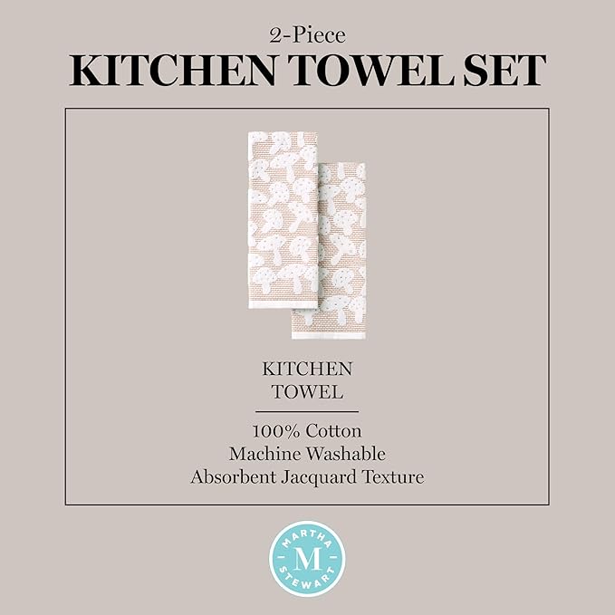 Martha Stewart Woodland Harvest Jacquard Mushrooms Kitchen Towel 2-Pack Set, 100% Cotton with Absorbent Honeycomb Texture, Decorative Kitchen Towels, Brown, 16"X28"