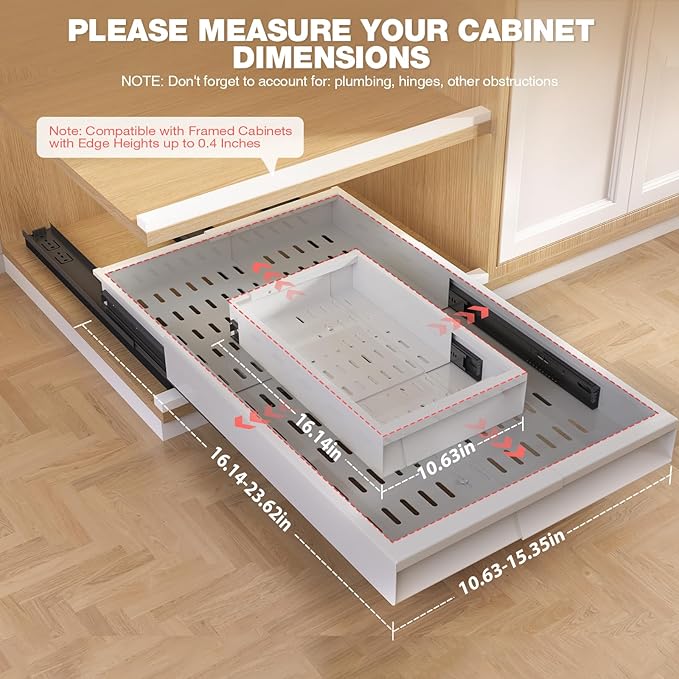 Seinloes 2 Pack Pull Out Cabinet Organizer With Raising Pad for Framed Cabinets,Expandable Width (11"-16") and Depth (17"-24"),3 Slide Rails Slide Out Drawers with Handle,No-Drill Roll Out Shelf,White