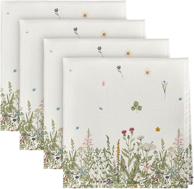 Horaldaily Spring Summer Cloth Napkins 18 x 18 Inch, Wild Flowers Floral Party Dinner Decoration Washable Napkins Set of 4