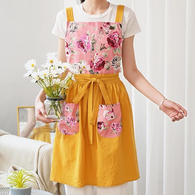 Pinknoke Vintage Pinafore Apron Dress for Women with Pockets Cute Floral Chef Aprons for Kitchen Cooking Baking Gardening