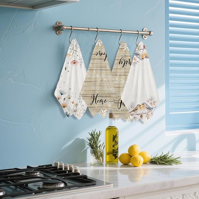 4 Pcs Flower Kitchen Towels, Bird Soft Absorbent Tea Hand Towel, Microfiber Dish Cloths for Drying Dishes, Waffle Dish Towels for Kitchen Bathroom Home Decor, Farmhouse Gifts for Women Mom