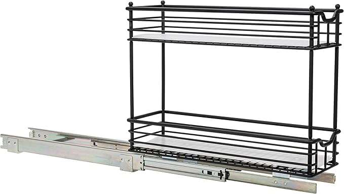 Household Essentials Glidez Multipurpose Paint-Finished Steel Pull-Out/Slide-Out Storage Organizer with Plastic Liners for Under Cabinet Use - 2-Tier Design, Black