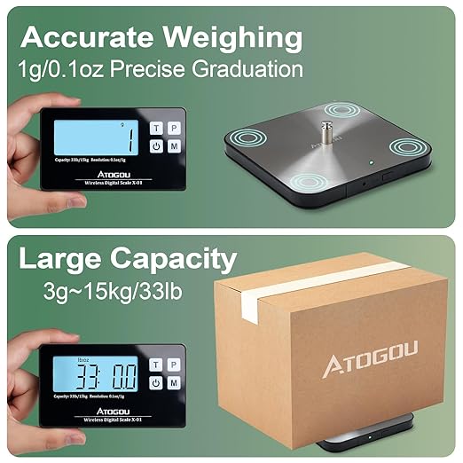 Atogou Food Scale, 33lb Wireless Kitchen Scale with Remote Display, 1g/0.1oz Precise Graduation, Food-Grade 304 Stainless Steel, Digital Food Scale for Cooking, Baking, Postage, Shipping, Black&Silver