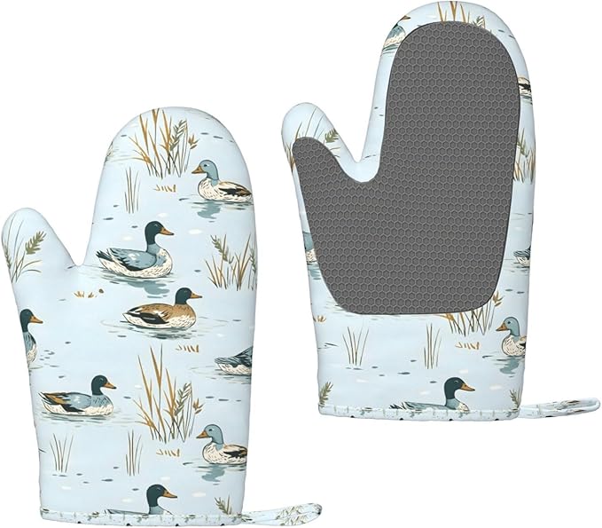 Swimming Ducks Silicone Oven Mitts Set of 2, Heat Resistant up to 500°F, Kitchen Oven Gloves with Non-Slip Grip and Soft Cotton Lining for Baking, Cooking and BBQ