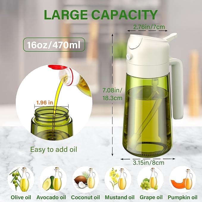 Vakoo 2 in 1 Oil Sprayer and Oil Dispenser for Kitchen - 16oz/470ml Light-Blocking Dark Glass Olive Oil Spray Bottle for Cooking, Air Fryer, Salad & BBQ (Green and White)