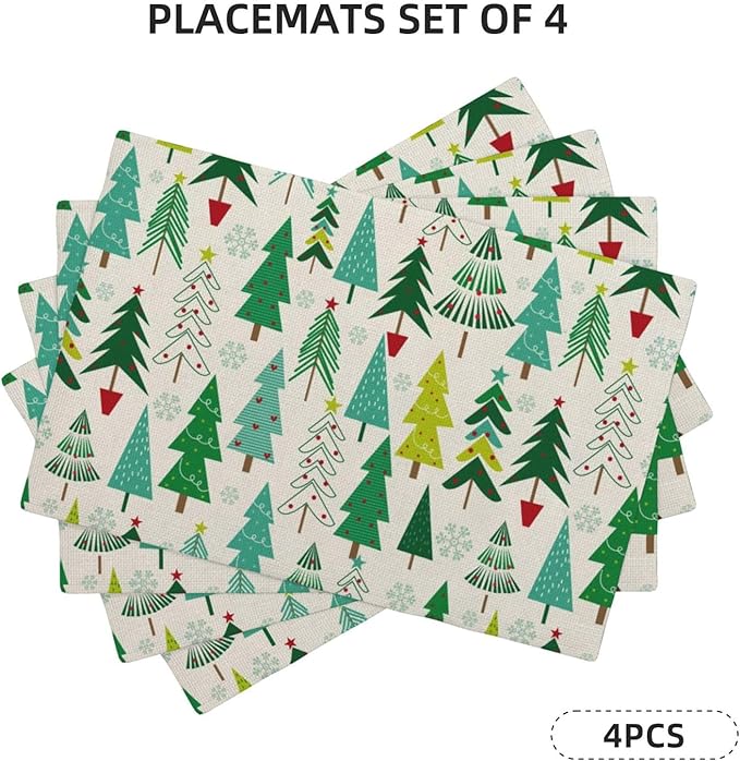 Christmas Placemats Set of 4 Sage Green Christmas Trees Decor Place Mats 12x18 Inch Snowflake Xmas Winter Holiday Decorative Linen Table Mats for Home Kitchen Dining Party Table Decoration