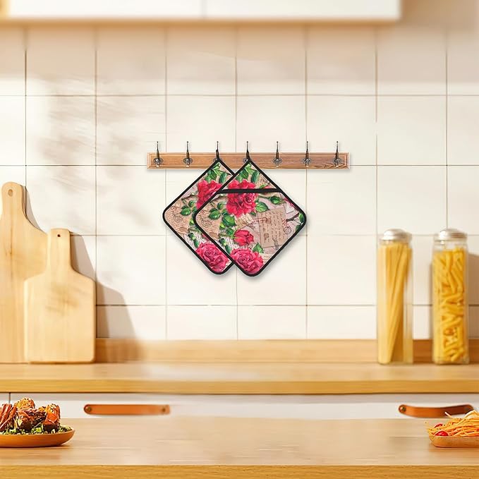 2 Pack Vintage Red Roses Pot Holders for Kitchen Heat Resistant, Potholders for Kitchens Washable for Cooking & Baking & Microwave
