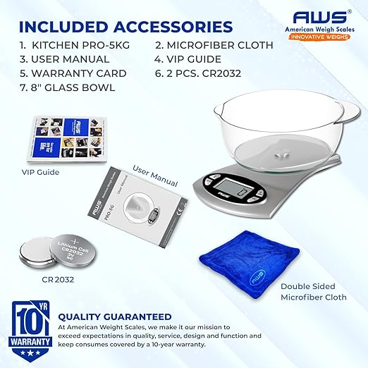 AWS Kitchen Pro 0.1g/0.001oz Precision Food Scale 5kg/11lb Digital Bowl Scale with Tempered Glass, | 2.72L Dishwasher-Safe Bowl, Tare, Timer, Clock & Room Temperature Display | Ultra Cooking Scale