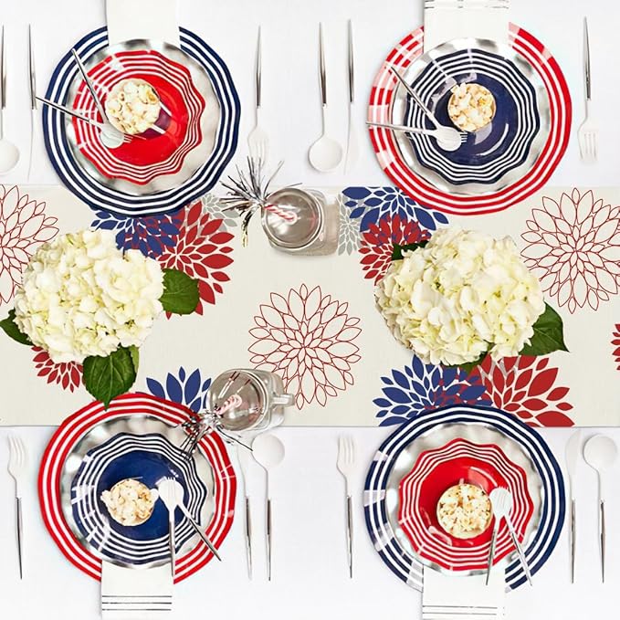 4th of July Independence Day Table Runner God Bless America Blue Red Dahlia Flower Table Runners Memorial Day Modern Table Center Decor for Home Kitchen Dining Party Patio (13 x 36 Inch)