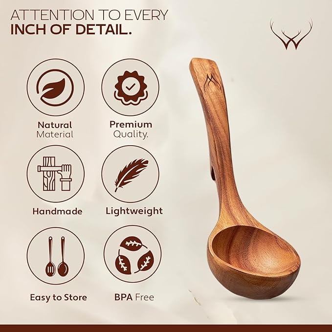 2Pcs Wooden Ladle Set included Teak Wood Soup Spoons with Hook Handles for Cooking wih Large Spoon Rest, Serving, Stirring – Non-Stick Wooden Spoons for Pot & Bowl