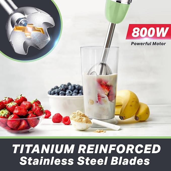 Mueller Multistick 800W 4-in-1 Immersion Blender Handheld, 12 Speed Hand Mixer - Turbo Boost, Heaviest Duty Copper Motor, Titanium Blades Hand Blender, Milk Frother Wand, Whisk, Beaker, Chopper, Green