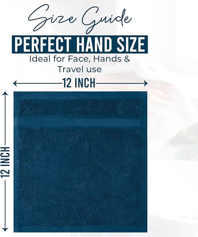 DAN RIVER 12-Pack Premium 100% Cotton Blue Opal Face Towels for Bathroom - Reusable Face Wash Cloths for Showering 12x12 Inches - 550 GSM Super Soft & Absorbent Luxury WashCloths for Body, Spa & Gym