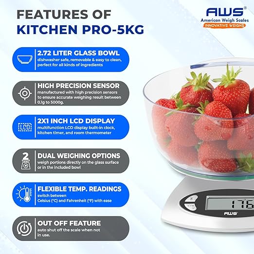 AWS Kitchen Pro 0.1g/0.001oz Precision Food Scale 5kg/11lb Digital Bowl Scale with Tempered Glass, | 2.72L Dishwasher-Safe Bowl, Tare, Timer, Clock & Room Temperature Display | Ultra Cooking Scale