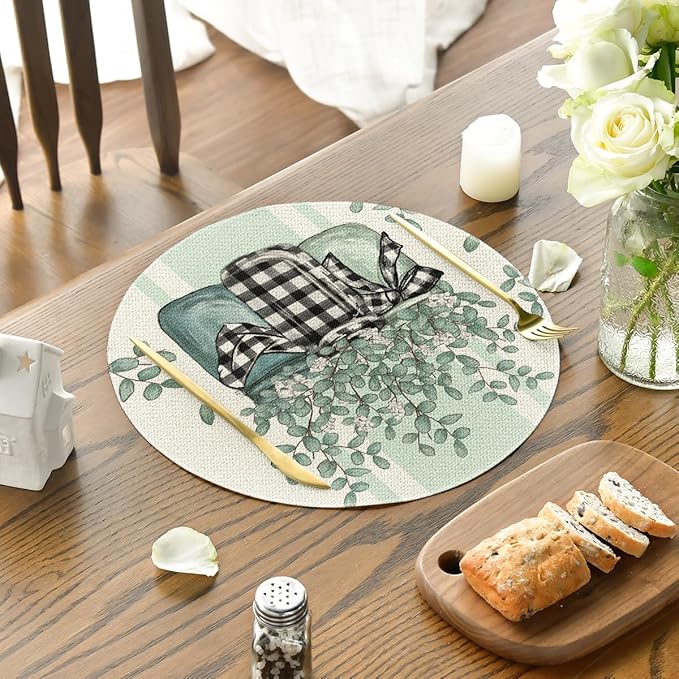 Artoid Mode Eucalyptus Buffalo Plaid Spring Placemats Set of 4, 14 Inch Round Vase Seasonal Table Mats for Party Kitchen Dining Decoration