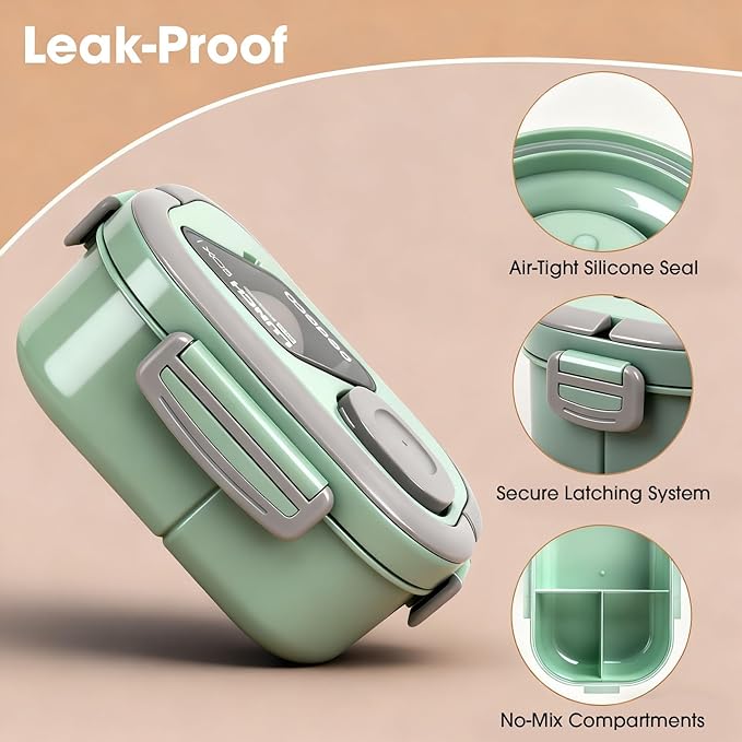 PEDECO Bento Box Set with Lunch Bag, Lunch Containers for Women&Men&Kids. Leakproof 3-Compartment and 2-Tier Stackable Container with Portable Sauce Pod, Microwave/Dishwasher Safe, BPA-Free (Green)