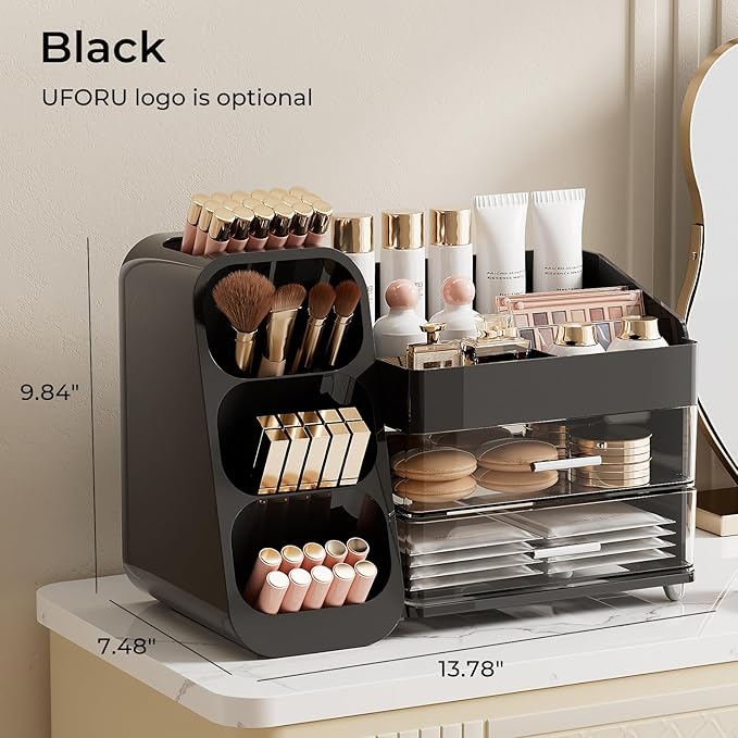 Makeup Organizer for Vanity with Brush Holder, Large Plastic Bathroom Countertop Skincare Organizer with 2 Drawers, Spacious Cosmetic Display Case for Perfumes, Eyeshadow Palettes, Nail Polishes