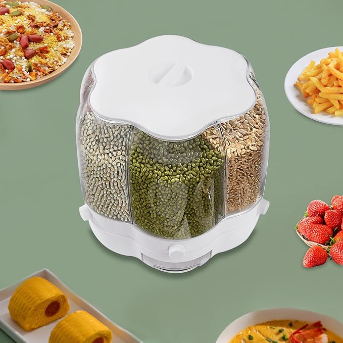 Large Rotating Rice Dispenser 6-Grid Cereal Containers Storage White Rice Bucket Whole Grains Rice Container Storage with Lid Dry Food Dispenser Storage Box for Kitchen (12.5kg/ 27.56lbs)
