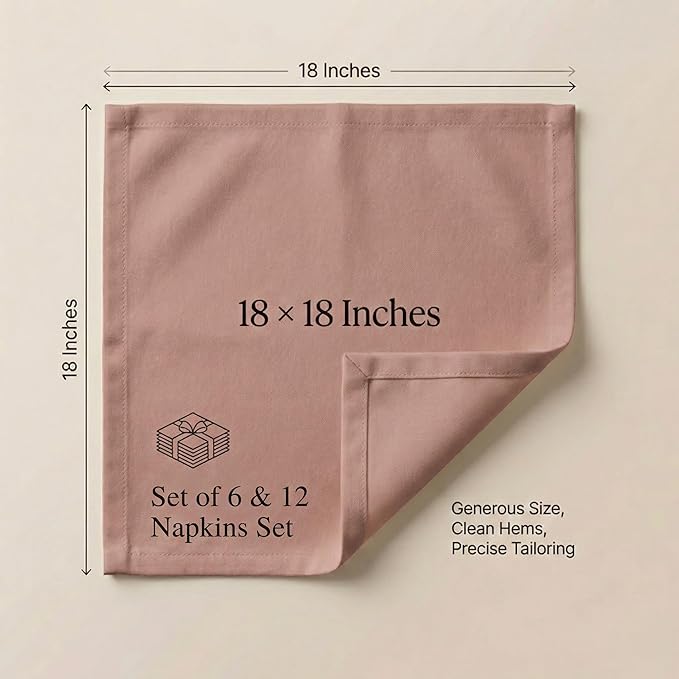Accent Home 100% Cotton Napkins, Delicate Cloth Napkins for Dinners, Parties and Weddings，18 x 18 Inch Set of 12 - Blush