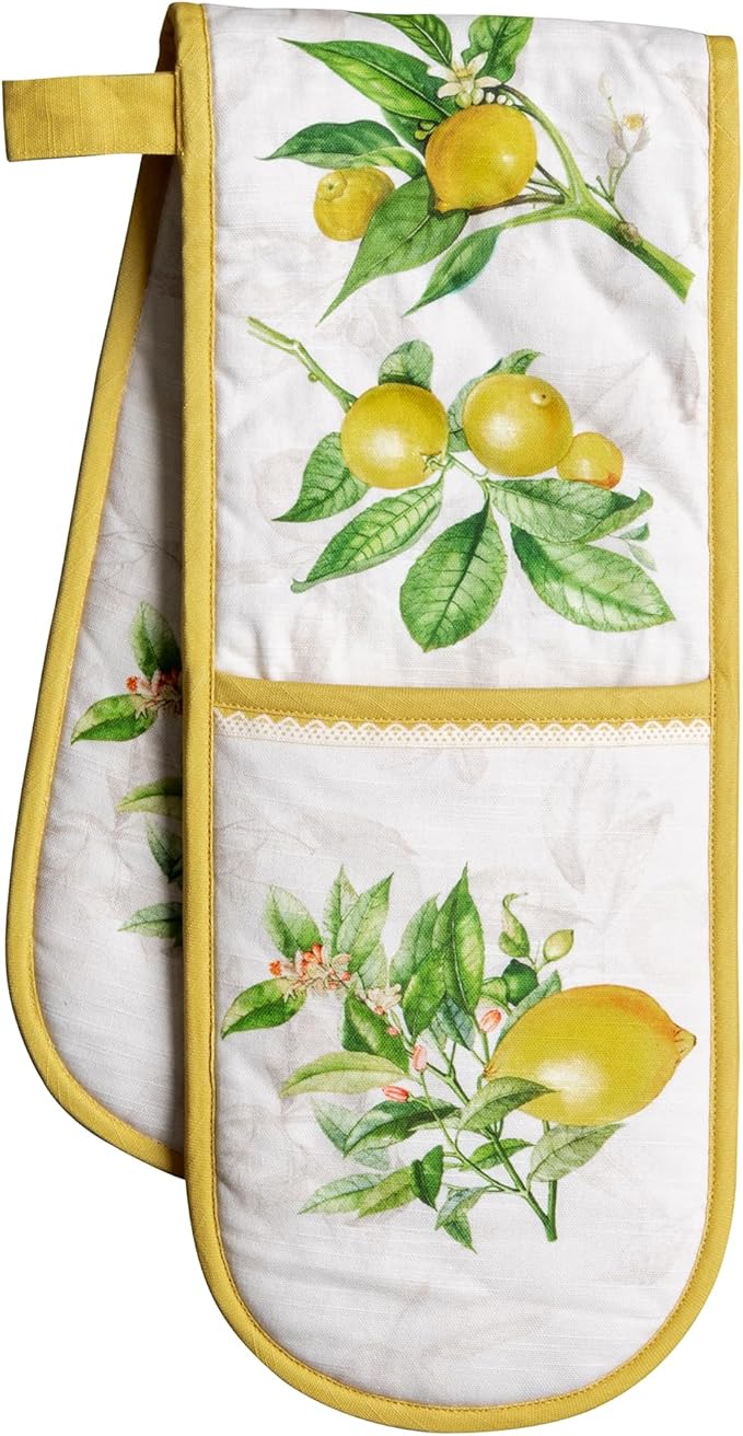 Maison d' Hermine Double Oven Mitts 100% Cotton 7"x35" Double Oven Mitt Heat Resistant BBQ Cooking Gloves with Loop Baking Grilling Gifts for Mothers Day Spring Summer (Limoncello)