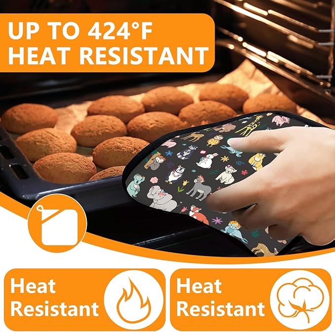 Cute Animals Oven Mitts and Pot Holders Sets 4Pcs,Extra Long Oven Gloves Potholder for Kitchen Cooking Baking BBQ 100% Cotton Heat Resistant