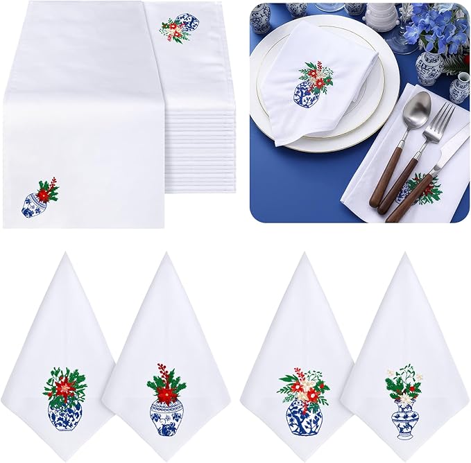 HunnmingRe 12 Pcs Christmas Blue and White Cloth Napkins Chinoiserie Embroidered Cotton Vase Hand Towels Blue Guests Napkin for Dinner Holiday Weddings Parties Washable 17x17 Inch