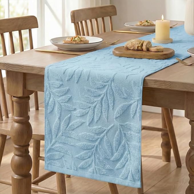 Artoid Mode Light Blue Soft Cotton Jacquard Leaves Spring Table Runner, Holiday Kitchen Dining Table Decoration for Home Party Decor 13x72 Inch