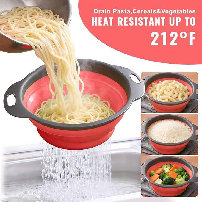 Collapsible Colander Set of 2, Folding Kitchen Strainers with Handles, Space-Saving Over-the-Sink Drainers for Pasta, Veggies & Fruit, BPA-Free, Dishwasher Safe, RV & Camping (Red)