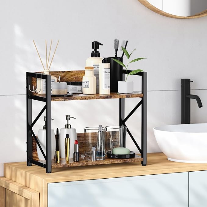 Spice-Rack-Organizer-Shelf for Kitchen Counter, 2 Tiers Coffee Bar Station Organizer for Countertop，Space Saving Desk Shelving Riser Unit (Rustic Brown, Small)