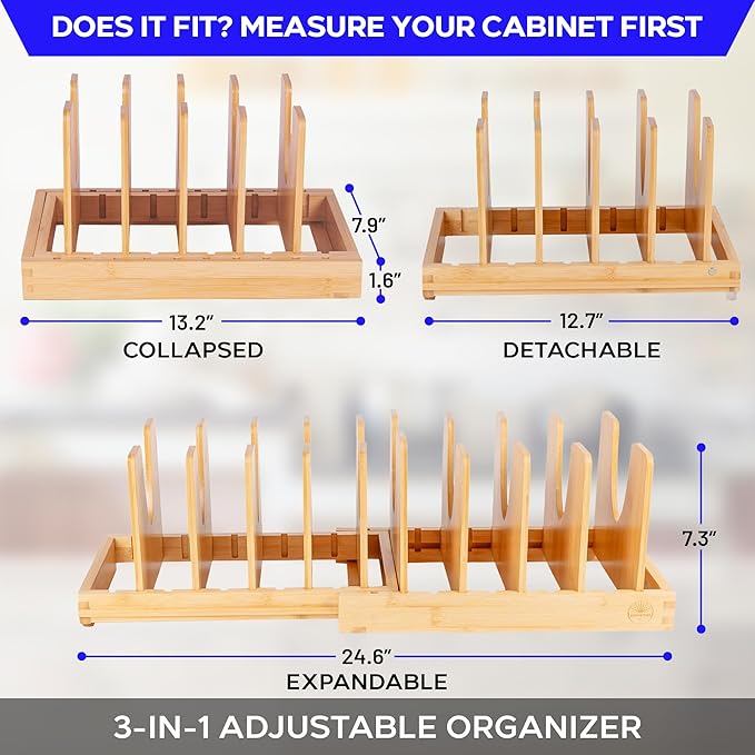 Pot and Pan Organizer for Under Cabinet – Bamboo Pot Lid Organizer for Cabinet with Magnetic Lock, Expandable 2-in-1, Adjustable Dividers, Non-Slip Base for Cutting Boards, Cookie Sheets, Bakeware