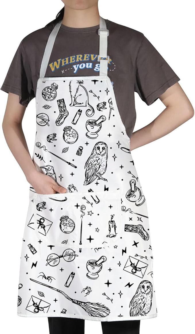 WZMPA Magic Wizard Kitchen Apron With Pockets Spooky Witch Gift Gothic Magic Adjustable Apron For Cooking Baking Grilling