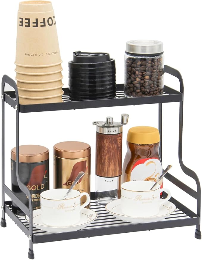 2-Tier Metal Countertop Organizer – Standing Shelf for Bathroom and Kitchen Storage Under Sink, Organizing Cosmetics and Spices-Black