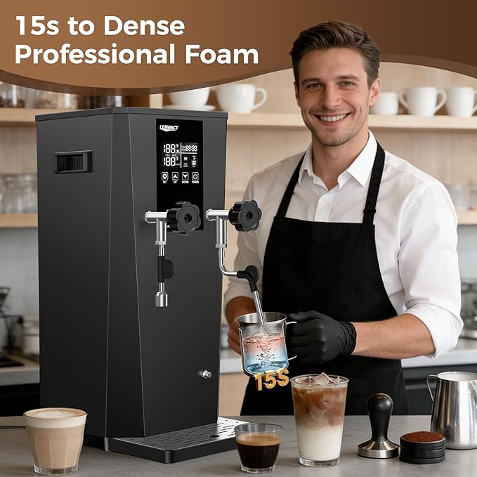 Commercial Steam Milk Frother,1.6Bar Fast Frothing in 15s,2000W 8L Boiler for Continuous Use, Temp Probe, Triple Safety, 3-in-1 Hot Water & Steam with LED Display for Coffee Shops& Restaurant