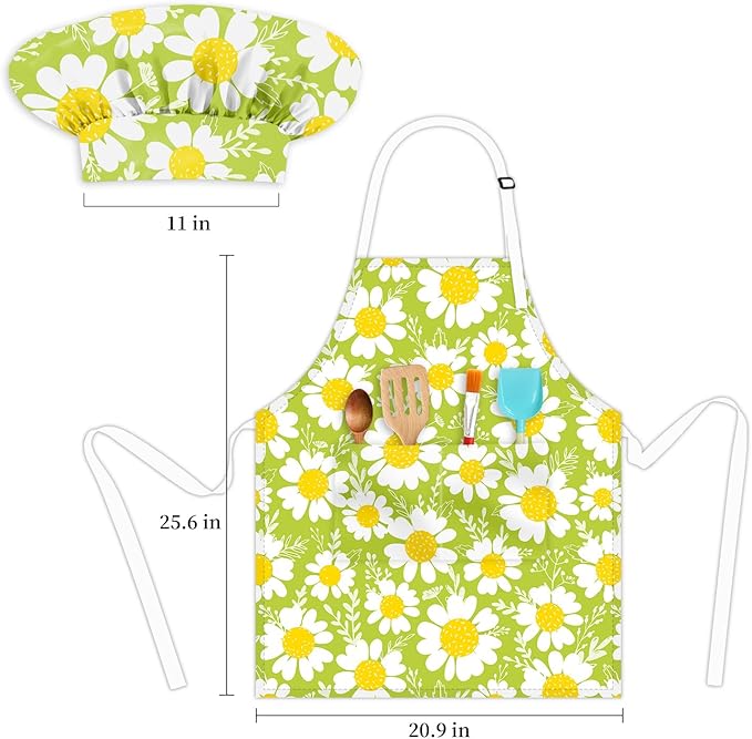 Kids Chef Hat and Apron, Adjustable Kids Aprons with Pocket Girls Boys Kitchen Toddler Aprons for Cooking Baking