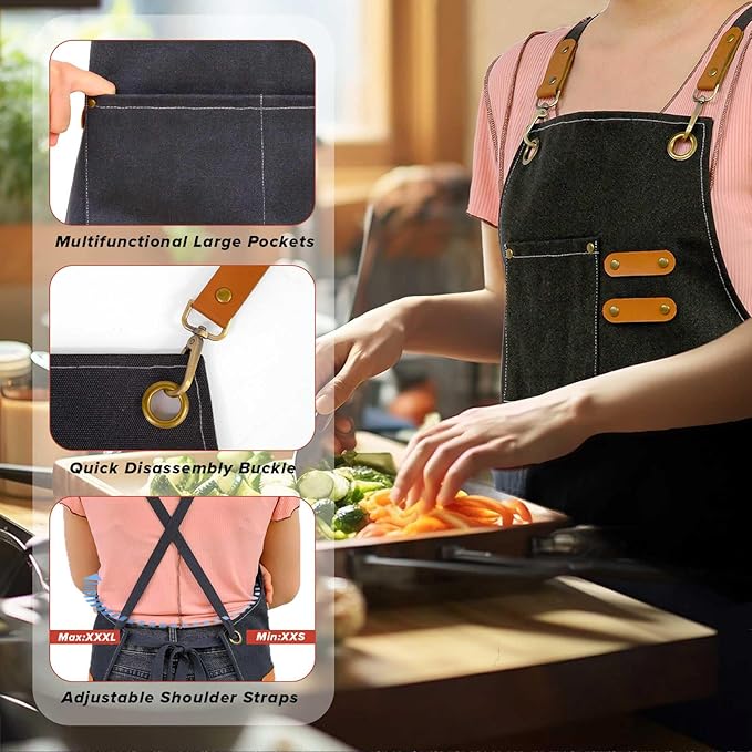 LZMS Chef Apron for Men & Women, Canvas Cross Back Work Apron with 3 Large Pockets, Water-Resistant, Adjustable Size M-XXL