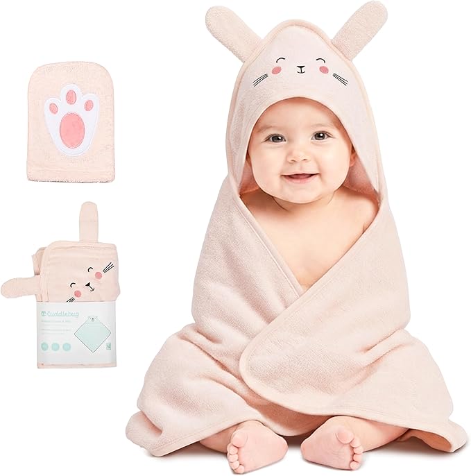 CuddleBug Premium Hooded Baby Bath Towel & Washcloth Set (Bear) - 100% Cotton Terrycloth Hooded Baby Towels for Newborn & Toddler - Super-Soft & Absorbent, Newborn Essentials (33" x 33") - Blush Pink