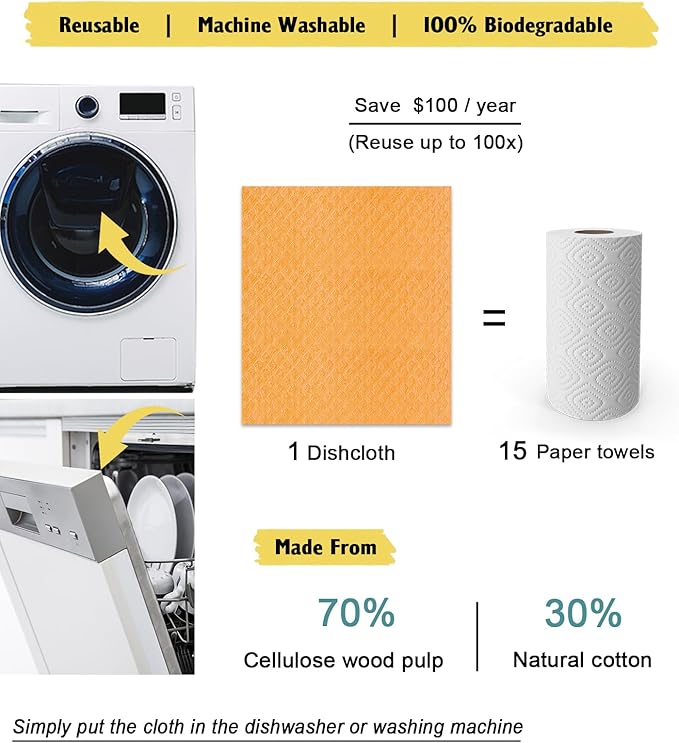 MoLKENE Swedish Dishcloths for Kitchen | 6 Pack Absorbent Cellulose Sponge Cloths Washable | Non-Scratch Reusable Paper Towels Quick Drying Cleaning Cloths - Orange