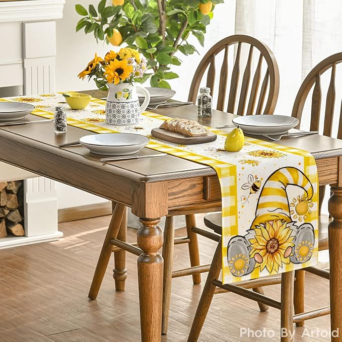 Artoid Mode Yellow Buffalo Plaid Sunflower Gnome Bee Summer Table Runner, Spring Kitchen Dining Table Decoration for Home Party Decor 13x72 Inch